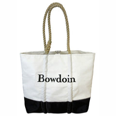 White tote bag with black bottom and natural rope handle. Black BOWDOIN wordmark imprint on front.