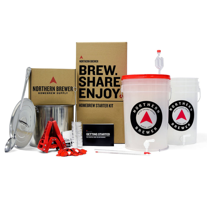 The contents of the Northern Brewer Brew Share Enjoy Homebrew starter kit