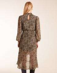 Leopard Print High Neck Wrap Frill Hem Midi Dress