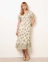 Square Neck Puff Sleeve Shirred Border Midi Dress