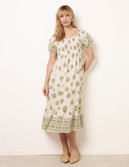 Square Neck Puff Sleeve Shirred Border Midi Dress