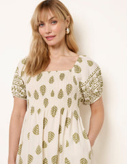 Square Neck Puff Sleeve Shirred Border Midi Dress