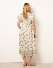 Square Neck Puff Sleeve Shirred Border Midi Dress