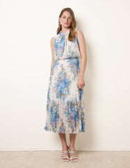 Printed Sleeveless Cowl Neck Pleated Dress