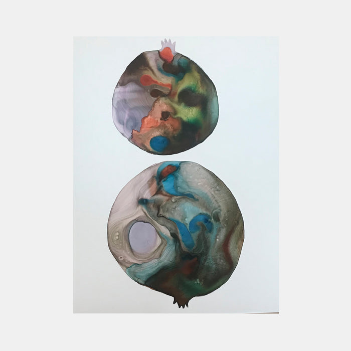 The artwork 'c2' by Arielle Stein features two circular abstract compositions in acrylic ink and watercolor. The top circle displays swirling coral, green, and gray tones, while the bottom circle showcases flowing turquoise and gray patterns with a distinctive white void center, creating a ethereal, fluid effect on paper. Created by Arielle Stein.