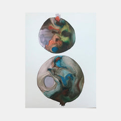 The artwork 'c2' by Arielle Stein features two circular abstract compositions in acrylic ink and watercolor. The top circle displays swirling coral, green, and gray tones, while the bottom circle showcases flowing turquoise and gray patterns with a distinctive white void center, creating a ethereal, fluid effect on paper. Created by Arielle Stein.