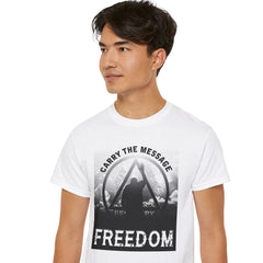 Man wearing a white t-shirt with a graphic design and text on a white background