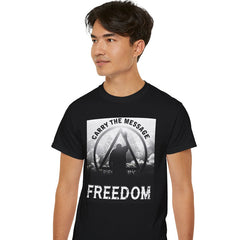 Person wearing a black t-shirt with a graphic design and text on a white background