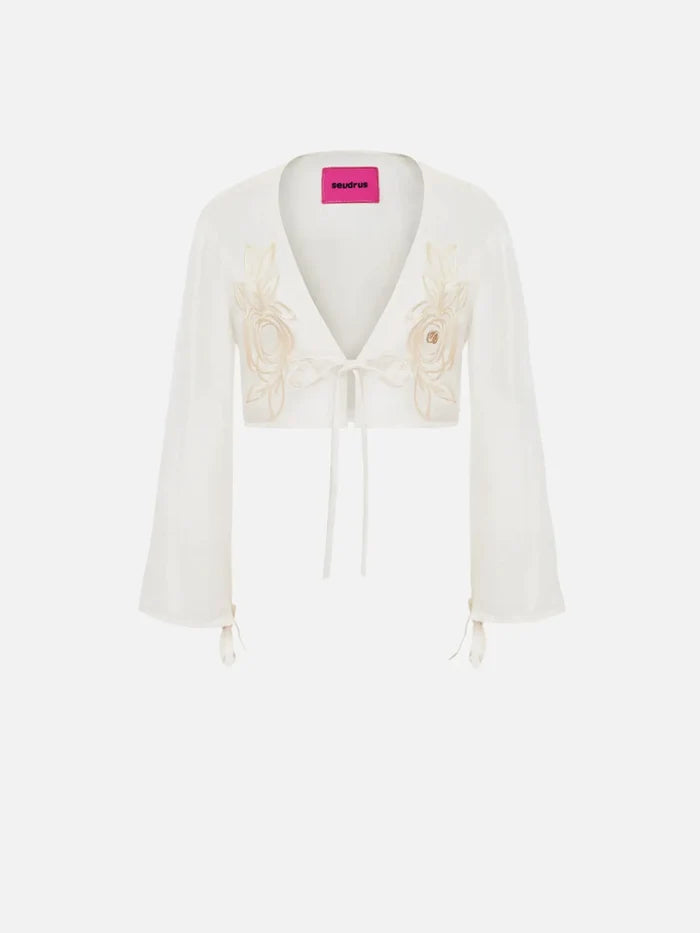 SEVDRUS Cupro Satin Floral Embroidered Pearl Cardigan – Pearl, önden görünüm