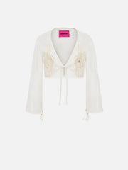 SEVDRUS Cupro Satin Floral Embroidered Pearl Cardigan – Pearl, önden görünüm