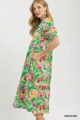 Umgee Floral Print Puff Sleeve Tiered Midi Dress