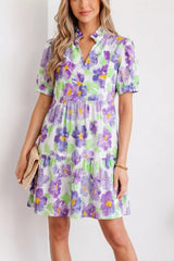 Floral V Collar Short Sleeve Tiered Ruffle Mini Dress