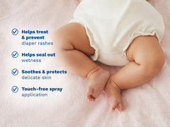 Baby's legs in a diaper with product benefits listed on a light background
