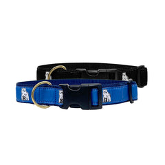 Dog collars with plastic clip in black and blue.