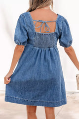 Button-Front Puff Sleeve Denim Dress