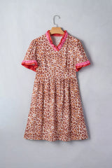 Leopard High Waist Ruffled Colorblock Trim Short Dress