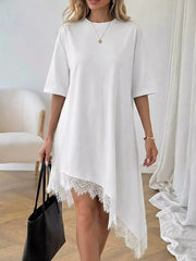 Lace Trim Asymmetrical Hem T-shirt Dress