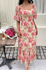 Floral Print Ruffle Hem Flutter Sleeve Dress