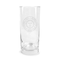 Clear glass with engraved Bowdoin College sun seal on a white background