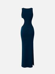 SLOWBURN Eve Dress – lacivert, arka görünüm, yan kesitli uzun elbise
