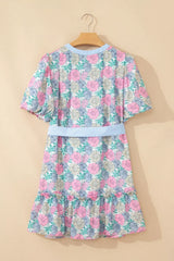 Floral Print Striped Contrast Trim Belted Short Dress