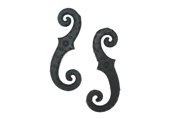 Faux Shutter Dogs Tiebacks - Stippled Scroll - 6-3/4 Inch - Black Powder Coat