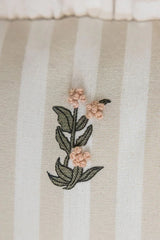 Frances Striped Cotton Pillow Cover with Ruffle — close view of a floral motif on striped cotton; Galley & Fen
