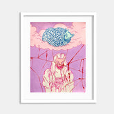 The artwork 'Glass Breaks like People Do' by Eriko Hattori features a dreamy composition with a large blue spotted cat floating on pink clouds against a lavender sky, positioned above a figure surrounded by angular red lines suggesting broken glass. The gouache painting employs a soft pastel palette with bold linear elements in a contemporary illustrative style.