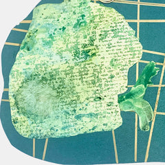 The artwork 'I Am Talking, Cat' by Sunny Chapman features a textured green silhouette of a cat's head against a deep teal background with gold geometric grid lines. The cat profile is created using metallic paper and monotype printing techniques, showing varied shades of mint and emerald with a distinctive textural pattern. A stylized flower or leaf form extends from the composition.