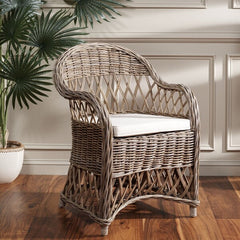 Inez Wicker Accent Chair in Natural with White Cushion