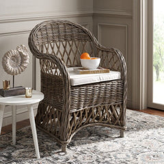 Inez Wicker Accent Chair in Natural with White Cushion