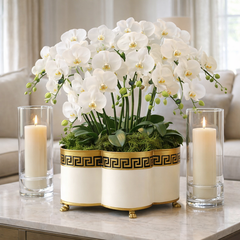Ivory and Gold Greek Key Quatrefoil Planter by The Enchanted Home