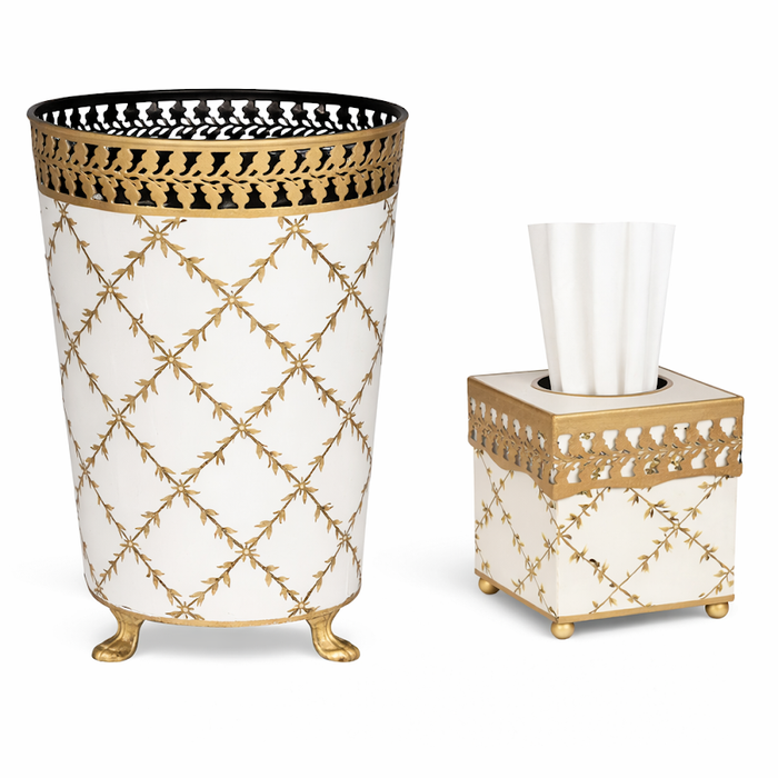 Ivory Pierced Gold Leaf Tissue Holder or Wastepaper Basket by The Enchanted Home