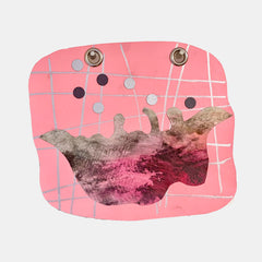 The artwork 'Juggler' by Sunny Chapman features a whimsical collage on pink background with intersecting silver lines creating a grid pattern. A dark abstract form suggests movement, accompanied by metallic circles and brass grommets. Created using monotype prints on cover stock paper, the piece combines textural elements with geometric designs.