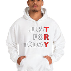 Person wearing a white hoodie with 'JUST TRY TODAY' text on a white background