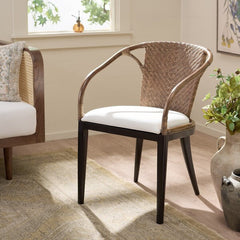 Kumi Rattan Accent Chair in Brown with Ivory Cushion