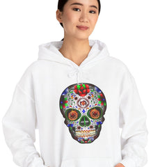 Person wearing a white hoodie with a colorful skull design on a white background