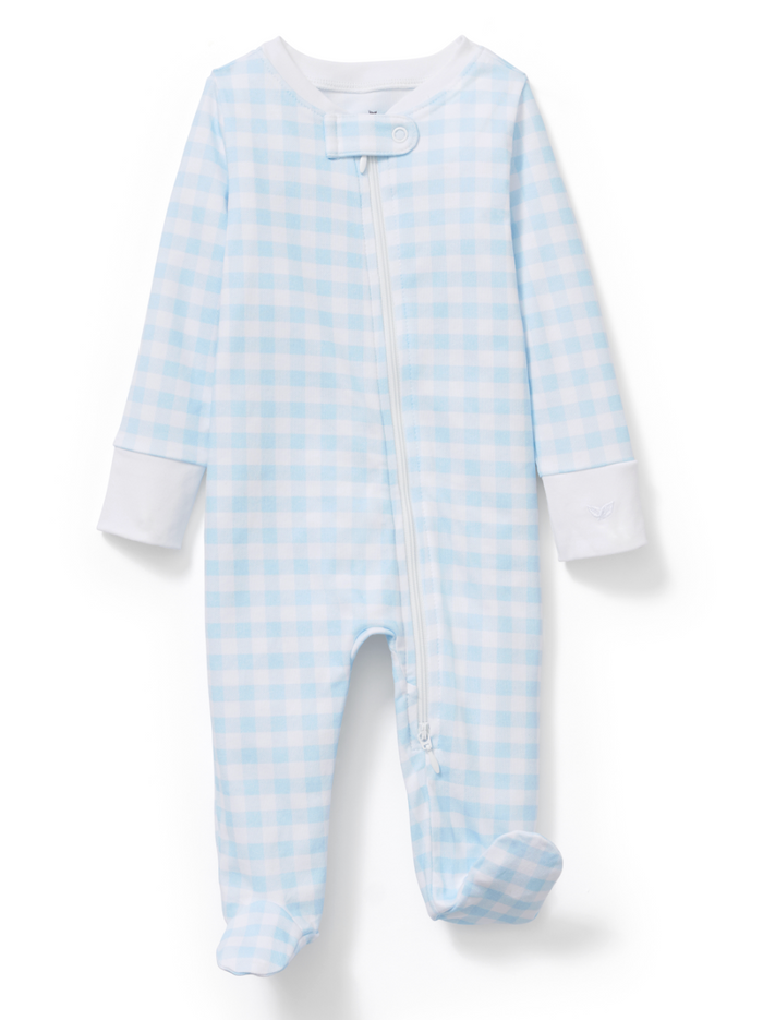 Petite Plume Pima Cotton Baby Footie in Light Blue Gingham
