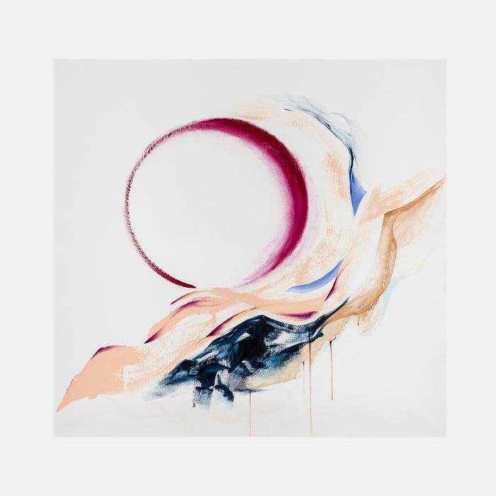 The artwork 'Red Sun' by W Lu features a striking crimson circular form floating above fluid strokes of peach and navy blue. Abstract brushstrokes create a dynamic movement across the white canvas, with watercolor-like drips and ethereal blending of acrylics. The composition suggests a contemporary Asian-inspired minimalist aesthetic.