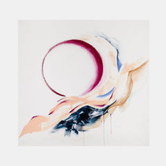 The artwork 'Red Sun' by W Lu features a striking crimson circular form floating above fluid strokes of peach and navy blue. Abstract brushstrokes create a dynamic movement across the white canvas, with watercolor-like drips and ethereal blending of acrylics. The composition suggests a contemporary Asian-inspired minimalist aesthetic.