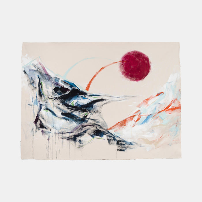 The artwork 'Scorch' by W Lu features a dynamic abstract landscape with sweeping brushstrokes in navy, black, and ice blue tones. A striking crimson sphere hovers above jagged mountain-like forms, while coral-colored accents create movement against a cream background. The expressive acrylic painting showcases fluid gestural marks and dripping techniques on canvas. By W Lu.