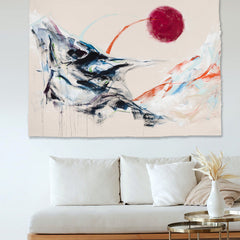 The artwork 'Scorch' by W Lu features a dynamic abstract landscape with bold brushstrokes in navy blue and black, contrasting against a crimson sun in the sky. Sweeping gestural marks create a mountainous terrain with dripping paint effects, while coral and pale blue accents add ethereal movement across the 48x70 inch acrylic canvas.