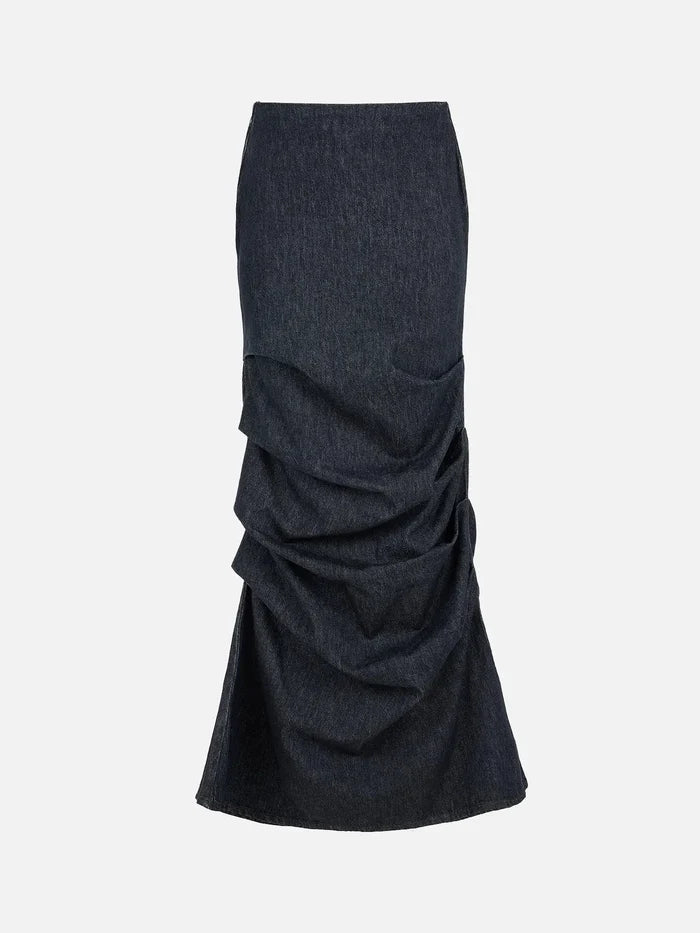 EX DE RUE Sculpt Skirt III – lacivert, ön görünüm, denim dokusu ve drapeli detaylar