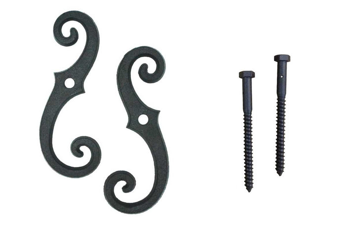 Shutter Dogs Tiebacks - Beveled Scroll with Lag, 6-3/4 Inch, Black Powder Coat