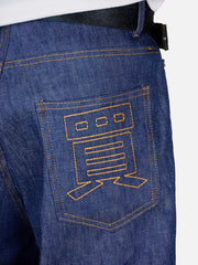 shopi go Takayama Raw Denim - Navy Blue – arka cep yakın çekim, sarı dikişli denim