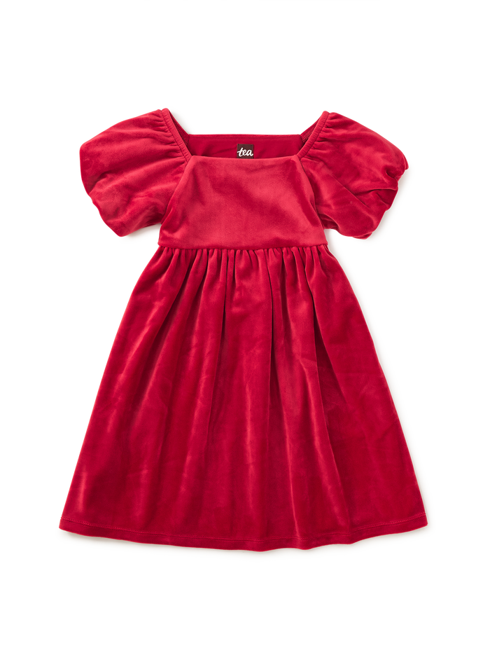 Tea Collection Puff Shoulder Velour Dress in Red Wagon