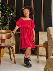 Tea Collection Puff Shoulder Velour Dress in Red Wagon