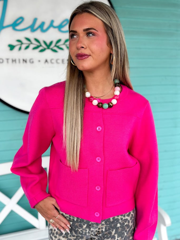 hot pink cardigan
