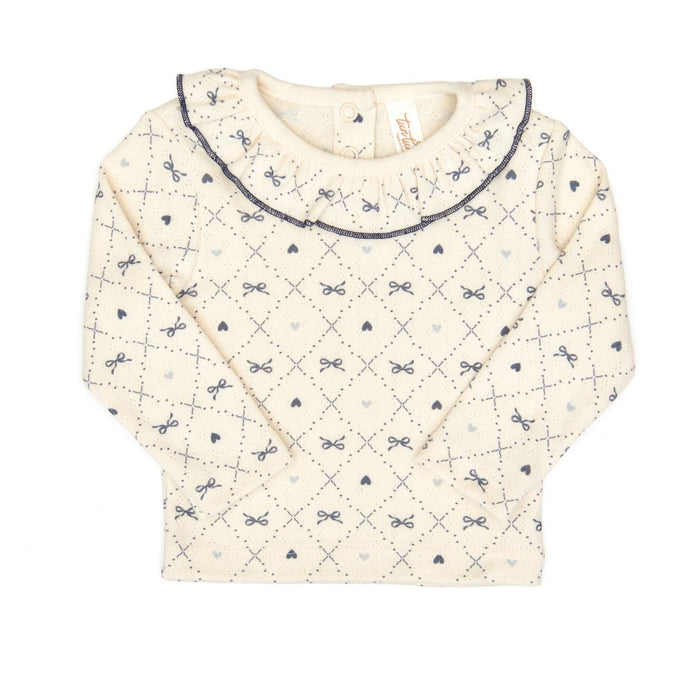 Tun Tun Pointelle Ruffle Top in Blue Bows