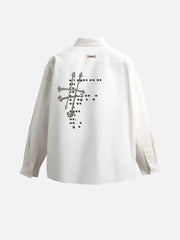 SEVDRUS Typewriter Shirt – beyaz, arka baskılı uzun kollu gömlek
